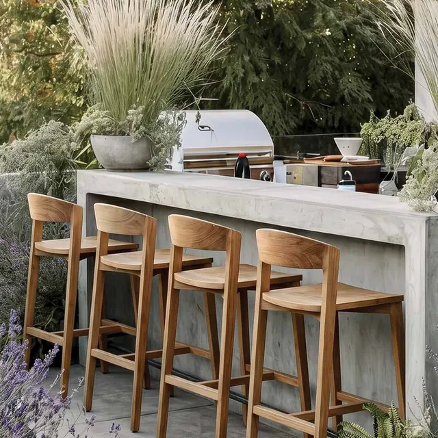 Outdoor bar stools, teak, by Mobelindo