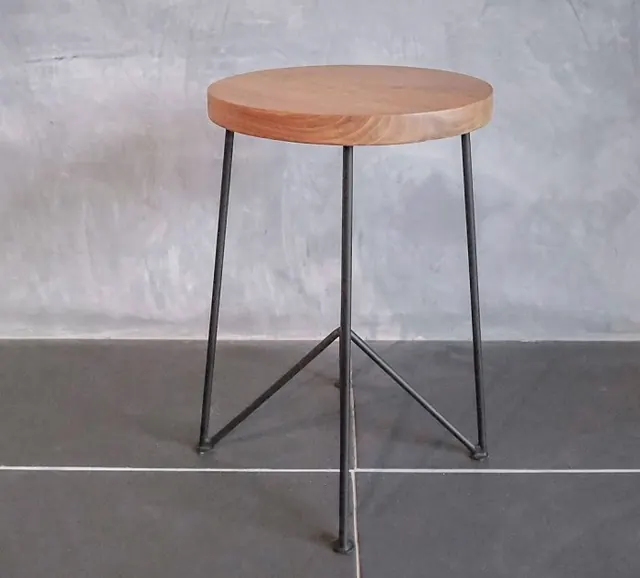 Tripod stool, teak and metal, by Mobelindo