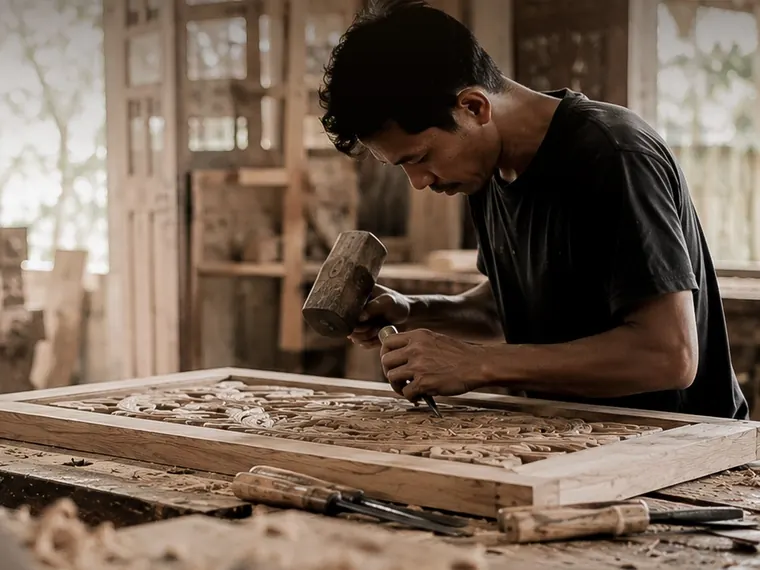 Artesano tallando un panel de teca en un taller de Jepara